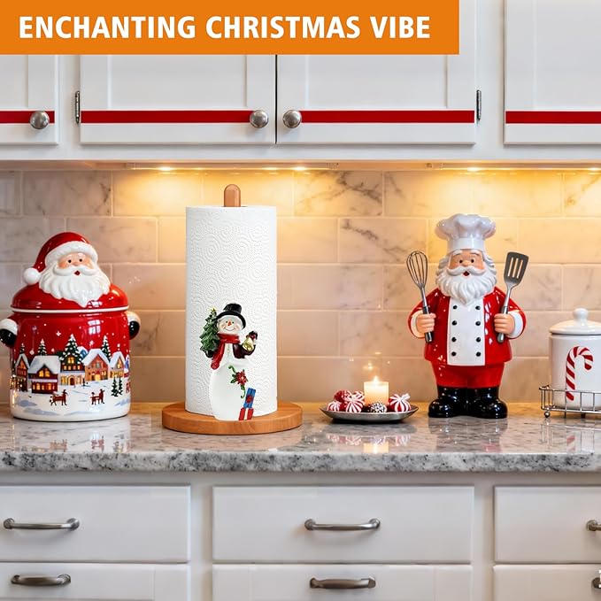 GAJ Christmas Decorations Paper Towel Holder Countertop, 3D Snowman Kitchen Counter Decor, Cute Resin Wooden Stand for Bathroom & Home Indoor Table, Winter Xmas Gift for Women, Housewarming Gifts