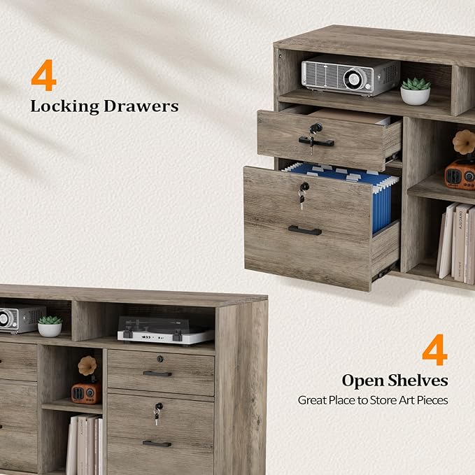 VINGLI Wide 4 Drawer File Cabinet with Lock, Rustic Grey Rolling File Cabinet with Open Shelves, Lockable Printer Stand, Letter Sized