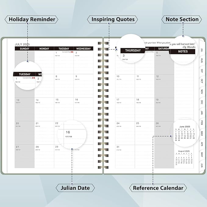 Planner 2025-2026, July 2025 - June 2026 Daily Weekly and Monthly Calendar Planner Book with Tabs, Notes Pages, Inner Pocket, Spiral Schedule Agenda A5 Notebook for School, College, Work-GREEN
