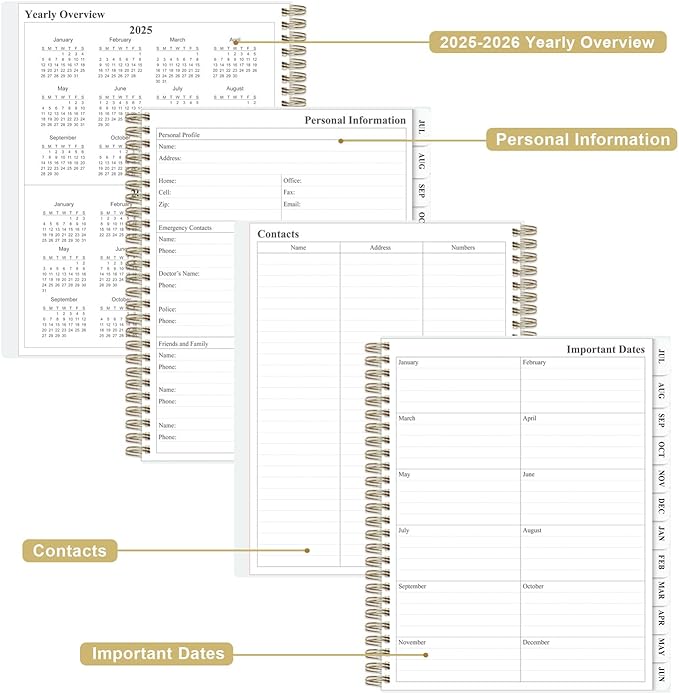 Planner 2025-2026 - Weekly & Monthly Planner from July 2025 to June 2026, Agenda 2025 2026 with Inner Pocket, Elastic Band, 8.5" x 11", White Gold Leaf