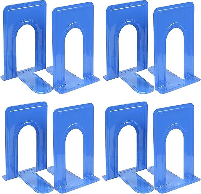 Metal Book Ends for Office Home, Book Shelf Holder Home Decorative, Book Ends for Heavy Books/Movies/CDs, Blue 6.5 x 5 x 5.7 in, 4 Pair/ 8 Piece