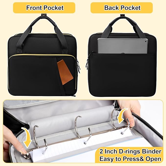 3 D-Ring Zipper Binder 2 inch with Shoulder Strap, Waterproof Oxford Binder with Zipper Storage 500 Sheets Capacity, Multi-Pockets Organizer Bag for 13 in Laptop School& Office Supplies Black