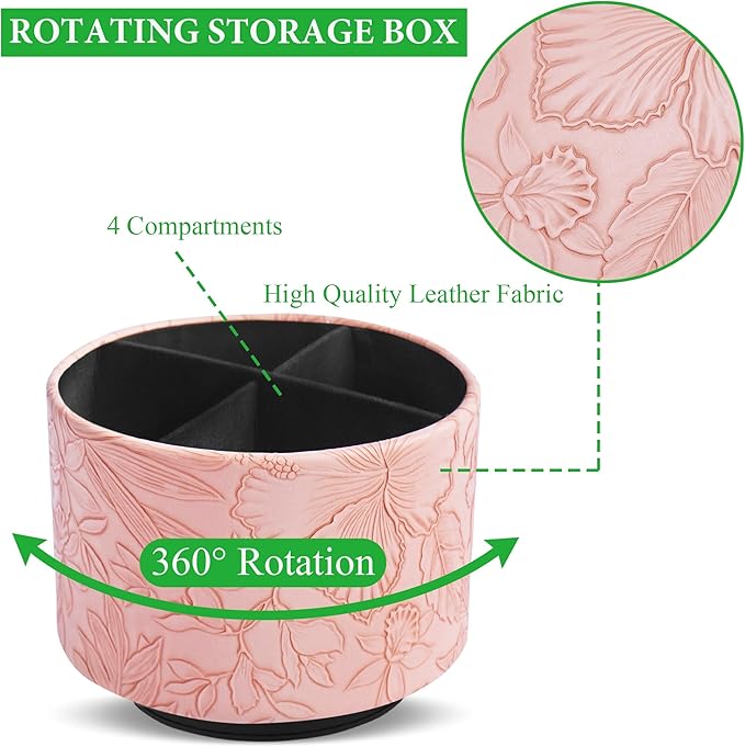 Hennaja Round Leather Art Supply Organizer,Remote Control Holder,360 Degree Spinning,Multi-Functional Pencil Holder,4 Compartments Desktop Stationary Organizer(1-Carved Pink)