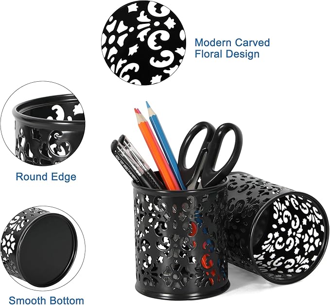 EasyPAG 2-Pack Round Carved Hollow Pen Holder with Non-Slip Base, 3.75" Vibrant Desk Organizer for Office/Home/Makeup, Black
