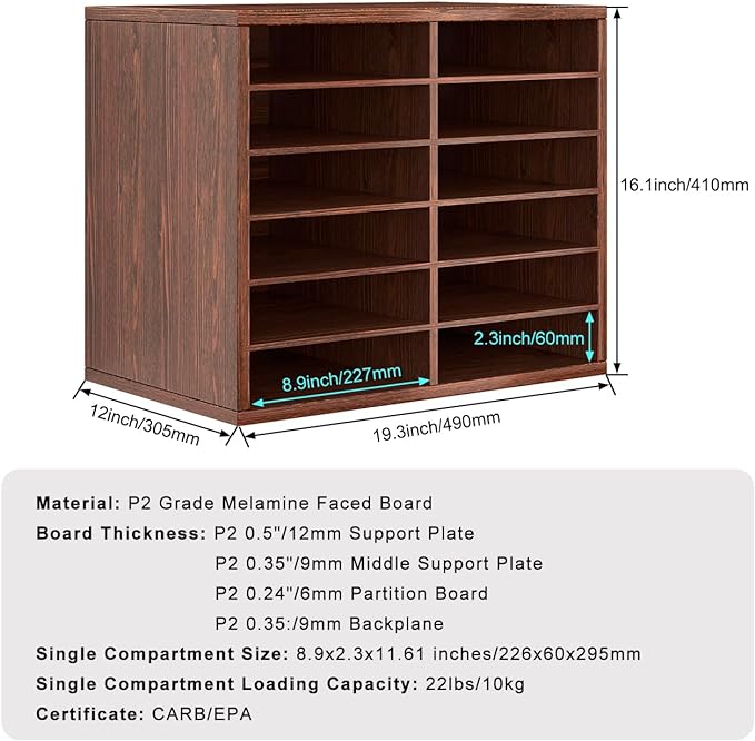 PAG Countertop Mail Sorter Organizer, Wooden Literature Organizer, Student Mailbox for Classroom, Desktop Bill Organizer for Office Home School, 12 Compartments, Brown