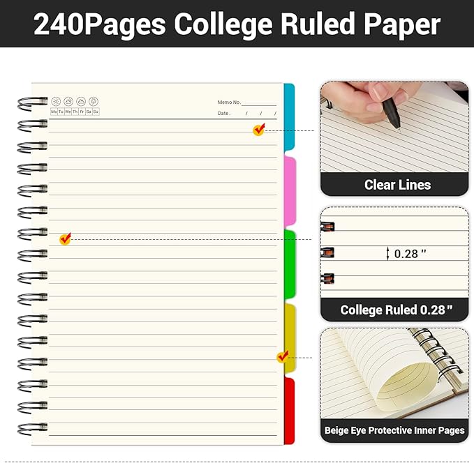 EUSOAR Spiral Notebook 5 Subject, 3pcs B5 7.3"x10.2" College Ruled Writing Pad, Thick Hardcover, 100GSM 120Sheets/ 240Pages of Lined Paper, for Journals, Students, Office and Business, Kraft