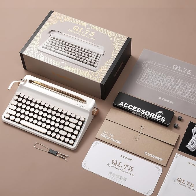 YUNZII QL75 Wireless Typewriter Hot Swap Retro Mechanical Keyboard,Punk Round Keycaps,RGB Backlit QMK/VIA Programmable, Multi-Device Keyboard with 2.4GHz/Type-C/BT5.0 (White, Onyx Switch)
