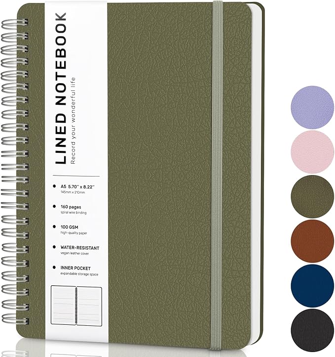 Lined Spiral Journal Notebook, A5 Hardcover Leather Notebook for Work, 5.7''×8.2'', 100GSM Thick Paper Spiral Bound Journaling Notebooks for Women & Men Office School Note Taking Business, Green