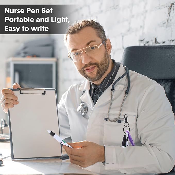 Sherr 25 Sets Retractable Nurse Pens with Mini Highlighter Permanent Marker Keychain Clip Badge Reel Pen Accessories for Nursing Students Medical Staff Office Stocking Stuffer Gift(Black Purple)