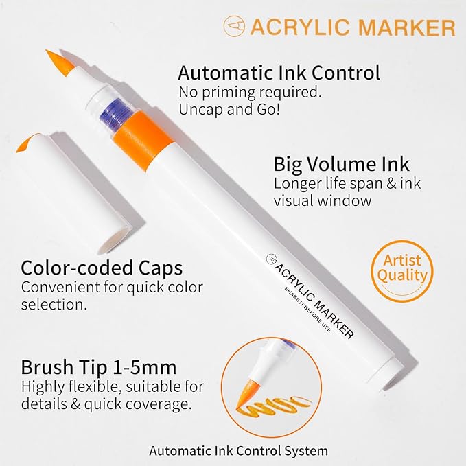 ROSYMENG Acrylic Paint Markers, 120 Colors + 8 Metal Colors - Large Ink Capacity, High Coverage with Brush Tip Acrylic Paint Pens, Suitable for Wood, Glass, Rock, and Fabric - Student School Supplies