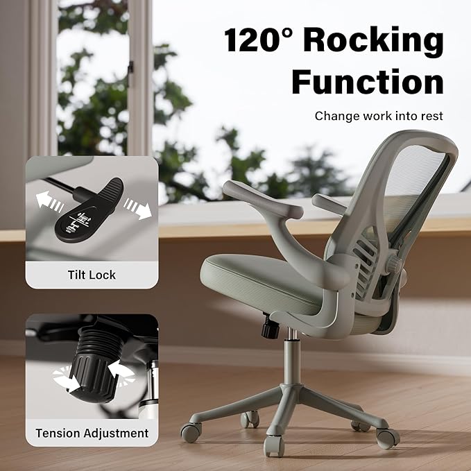 GYI Computer Desk Chair, Ergonomic Office Desk Chairs with Mesh Back, Adjustable Lumbar Support, Height, 3D Flip-up Arms, Wheels, Rocking Function, Grey