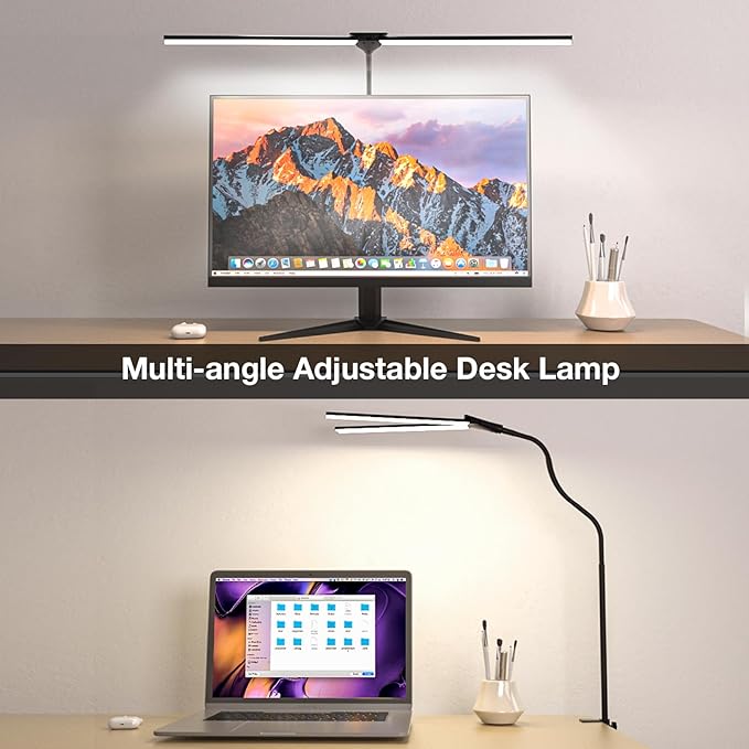 LED Desk Lamp for Home Office, Bright Double Head Desk Lamp with Clamp, Dimmable 5 Color Modes Desk Lighting, 12W Eye-Caring Architect Table Lamp for Workbench, Monitor, Reading, Study, 1400lm