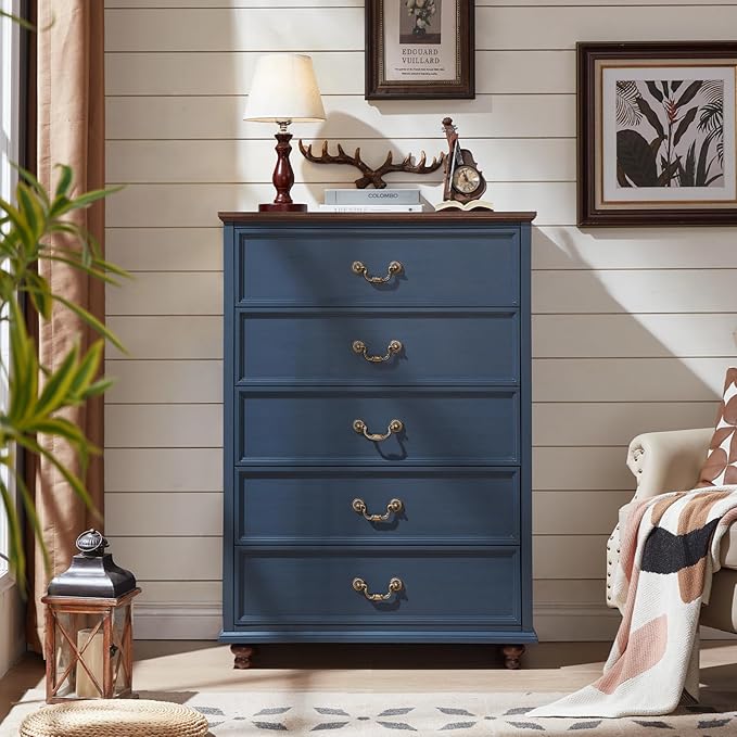 Farmhouse 5 Drawer Dresser for Bedroom, 45" Tall Rustic Chests of Drawers w/ 4 Solid Wood Feet, Mid Century Modern Wooden Closet Storage Dressers Organizer for Living Room, Hallway, Navy Blue