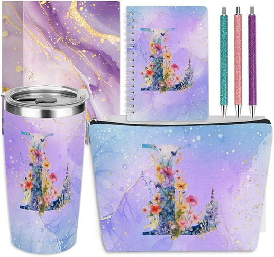 Personalized Gifts Monogrammed Birthday Gifts for Women, Mama New Mom Thanksgiving Wedding Christmas Initial 20 oz Tumbler, Makeup Bag Cup Pens Journal Notebook 6 Set, (Aesthetic Purple Flower L)
