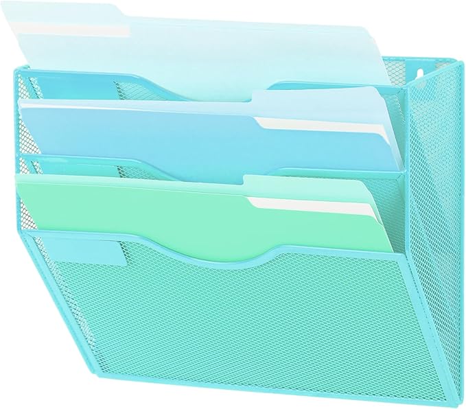 EASEPRES 3 Pocket Mesh Hanging Wall File Organizer, Wall Mounted Mail Paper Document Folder Holder, Clipboard Storage Organization Magazine Rack with Nametag Label for Office Home School, Blue