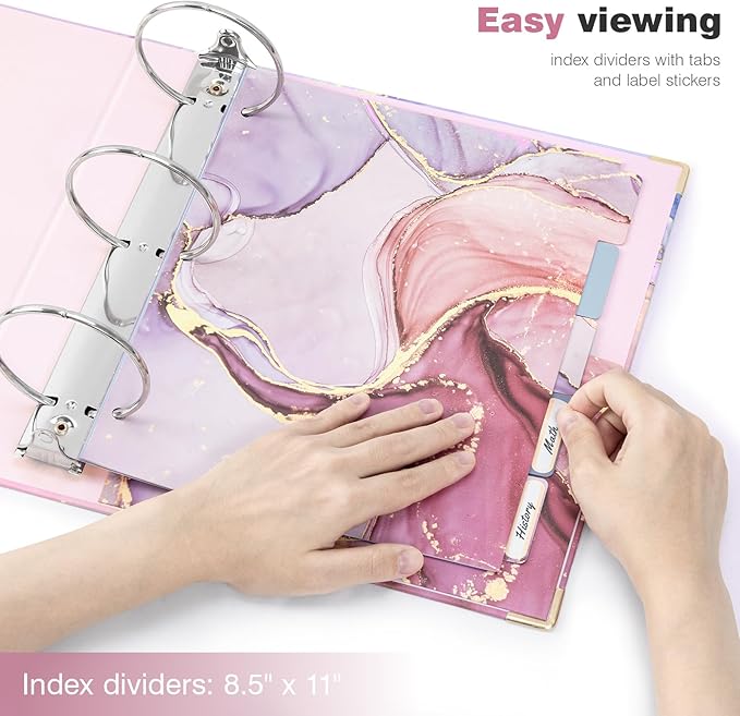Ospelelf 3 Ring Binder for Letter Size Paper with 5 Tab Dividers, 3 Inch Ring, 4.4 Inch Spine, Pink Large Binder with Clip for School and Office Supplies