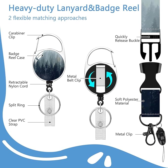 Misty Forest Badge Holder Reel Lanyard,ID Card Badge Holder Retractable Name Tag Clips for Doctor Nurse Teacher Office Student