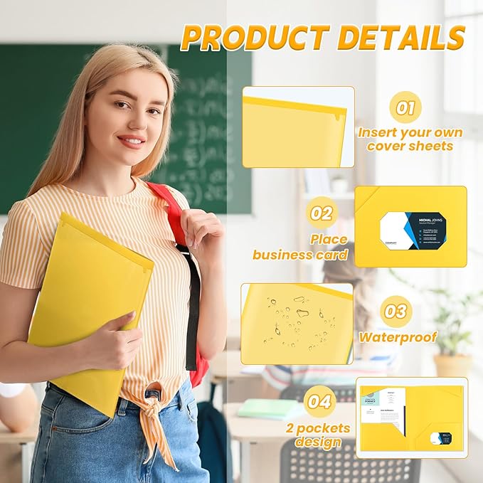 Henoyso 200 Pcs Plastic Folders with Clear Front Pockets Bulk Heavy Duty File Folders with 2 Pockets and Card Slot for Student Teacher Back to School Supplies Office Presentation (Yellow)