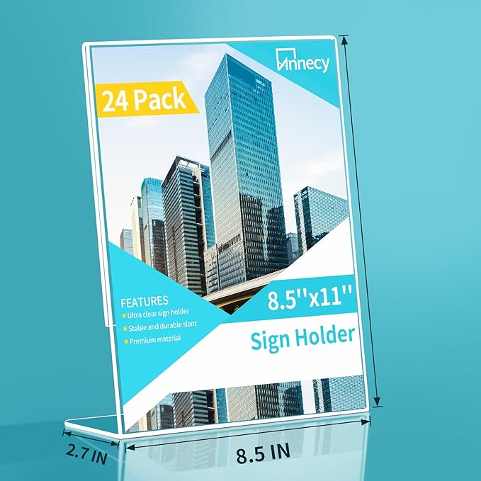 Annecy Sign Holder 8.5 x 11, 24 Packs Sign Stand for Display, L Shape Plastic Clear Sign Holder 8.5x11 Standing Vertical Menu Flyer Holder, Frames Table Signs for Stores, Restaurants, Hotels, Office