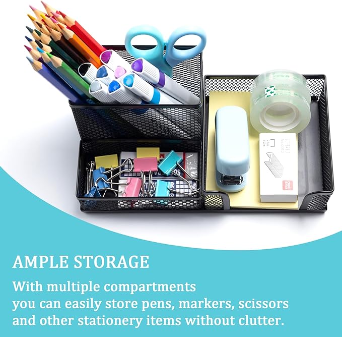 2 Pieces Black Mesh Pen Holder Desktop Organizers Pencil Holder for Desk 3 Compartments Metal Office Supply Organizer with Sticky Notes Holder forOffice Desk Accessories
