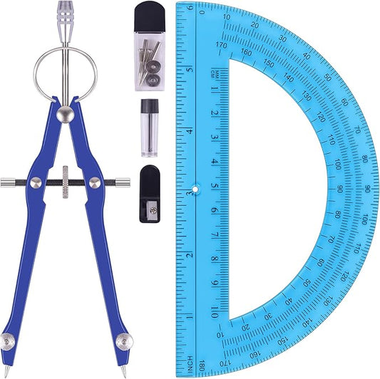 Compass and Protractor Set, Professional Drawing Compass Tool, Metal Compass with Extra Refills, Compass for Geometry and 6 Inch Math Protractors 180 Degree (Navy Blue)