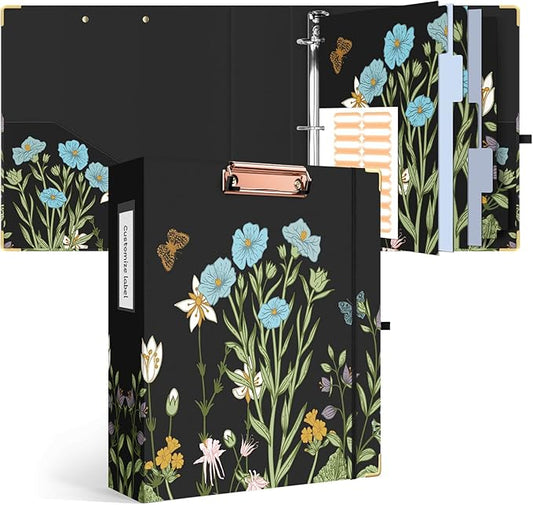 Ospelelf Binder 3 Ring 2 Inch, Floral Round Ring Clipboard Binder with 5 Tab Dividers for Letter Size Documents, File Folder Labels, for School and Office Supplies