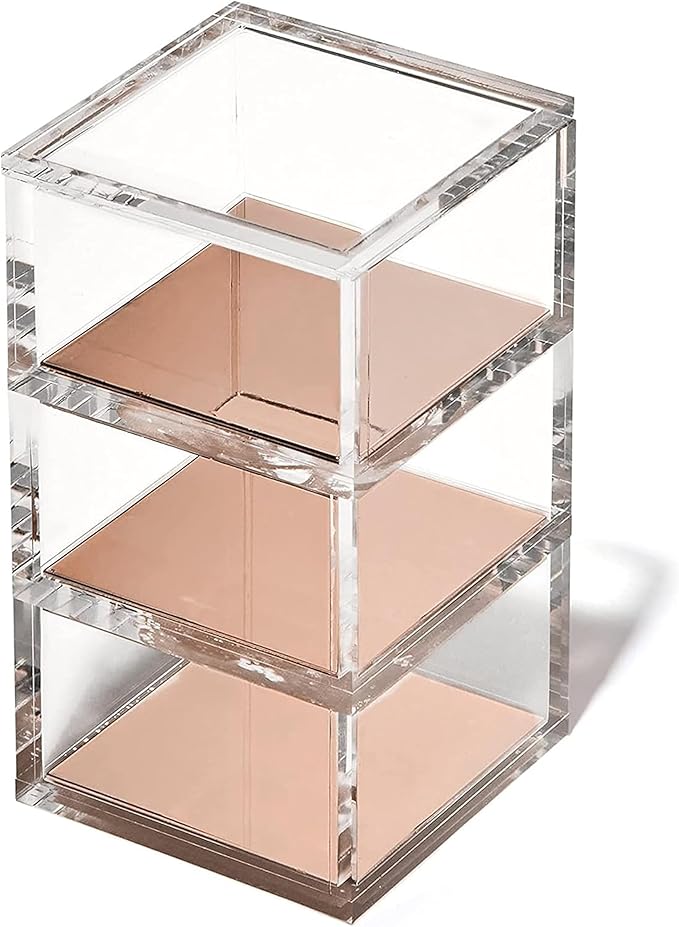 OfficeGoods 3-Tier Stackable Acrylic Holder- Stylish Desk Organizer and Storage for Office or Home – Transparent Square Design, with Rose Gold Metal Base
