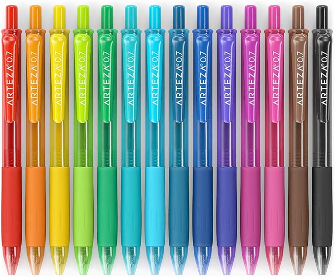 Arteza Colored Gel Pens, Pack of 24, 10 Vintage and 14 Vibrant Colors, Fine 0.7 mm Tip, Retractable, Art Supplies for Journaling, Drawing, Doodling, and Notetaking
