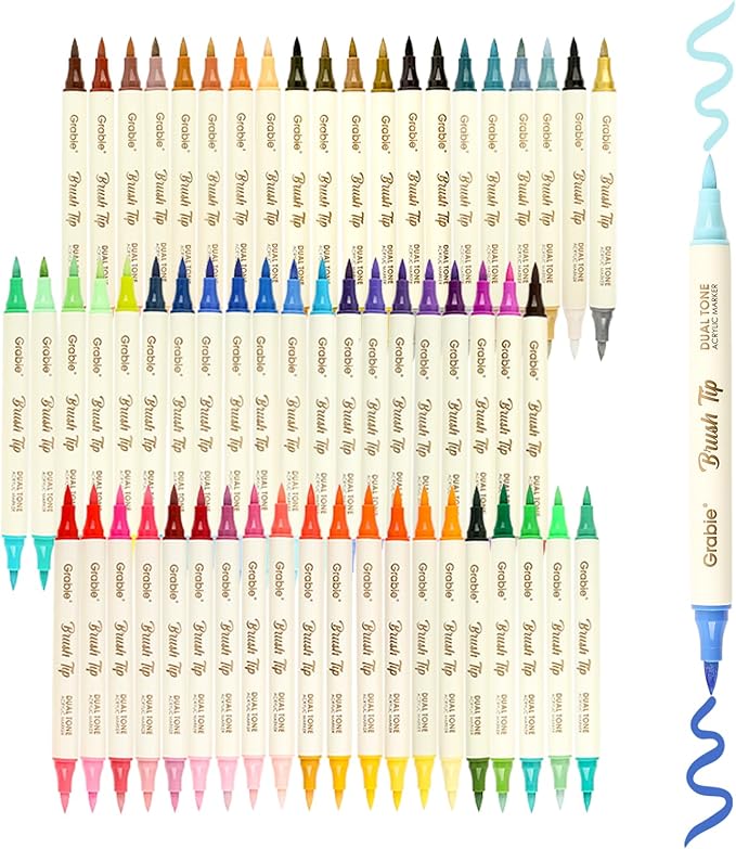 Grabie 120 Colors Dual Tone Brush Tip Acrylic Markers, Dual-Color Paint Markers with 60 Brush Tips, Double Tipped Acrylic Paint Pens for Fabric, Canvas,DIY, Canvas Art Supplies