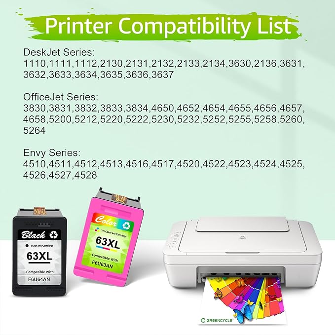 greencycle 63 XL Remanufactured Ink Cartridges Combo Pack Replacement for HP 63XL Compatible for Envy 4520 4512 4516 Officejet 4650 5200 5255 Deskjet 3630 3632 3639 (1 Black, 1 Tri-Color)