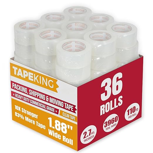 Tape King Clear Packing Tape | 110 Yards Per Roll (36 Rolls) | 1.88 Inch Wide Heavy Duty Packing Tape 2.7mil Strong Adhesive for Moving Boxes, Shipping Cartons, Office Use, Storage (3960 Yards)