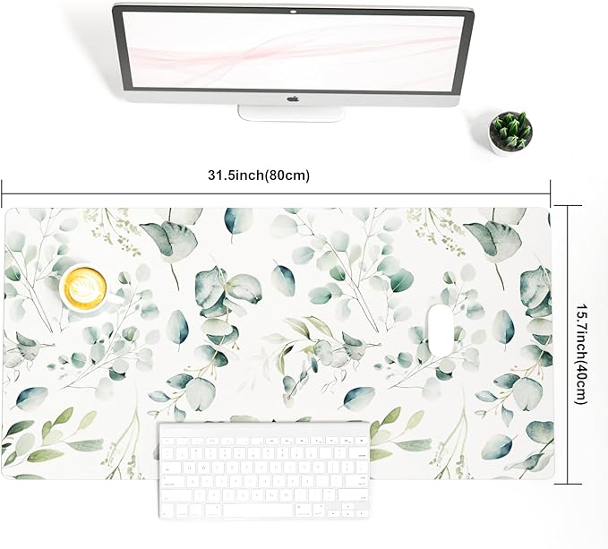 Colorful Star Large Mouse Pad, PU Leather Waterproof Desk Mat, Computer Gaming Mouse Pad, XXL Full Table Mousepad Non Slip Desk Pad for School Office Home 31.5" x 15.7" - Fresh Eucalyptus Leaves