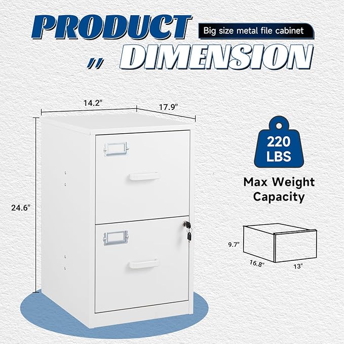 2 Drawers File Cabinet White Metal Vertical Filing Cabinets Metal Lockable Storage Cabinets with Lock for Home Office to Hanging Files