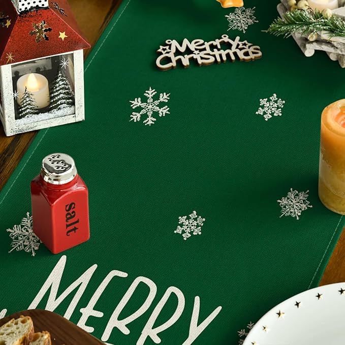 Artoid Mode Xmas Trees Snowflakes Green Merry Christmas Table Runner, Winter Seasonal Kitchen Dining Table Decoration for Home Party Decor 13x72 Inch