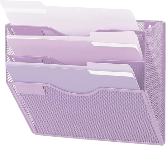 EASEPRES 3 Pocket Mesh Hanging Wall File Organizer, Wall Mounted Mail Paper Document Folder Holder, Clipboard Storage Organization Magazine Rack with Nametag Label for Office Home School, Light Purple