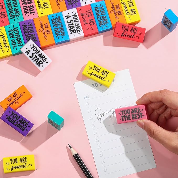 PerKoop 150 Pcs Inspirational Erasers Bulk Back to School Gifts Colorful Motivational Pencil Erasers for Kids First Day of School Favors for Students Teachers Classroom Office Supplies