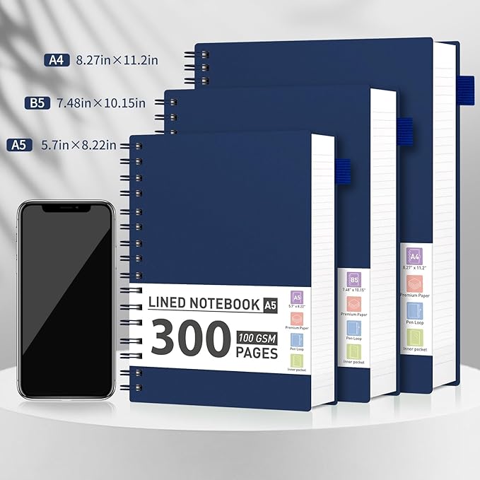 AHGXG Spiral Notebook College Ruled - Spiral Journal Notebook 8.5" x 11" Large A4, 300 Pages Lined Journal, 100GSM Thick Paper, Plastic Hardcover, for Women Men Office School Writing Work, Bule