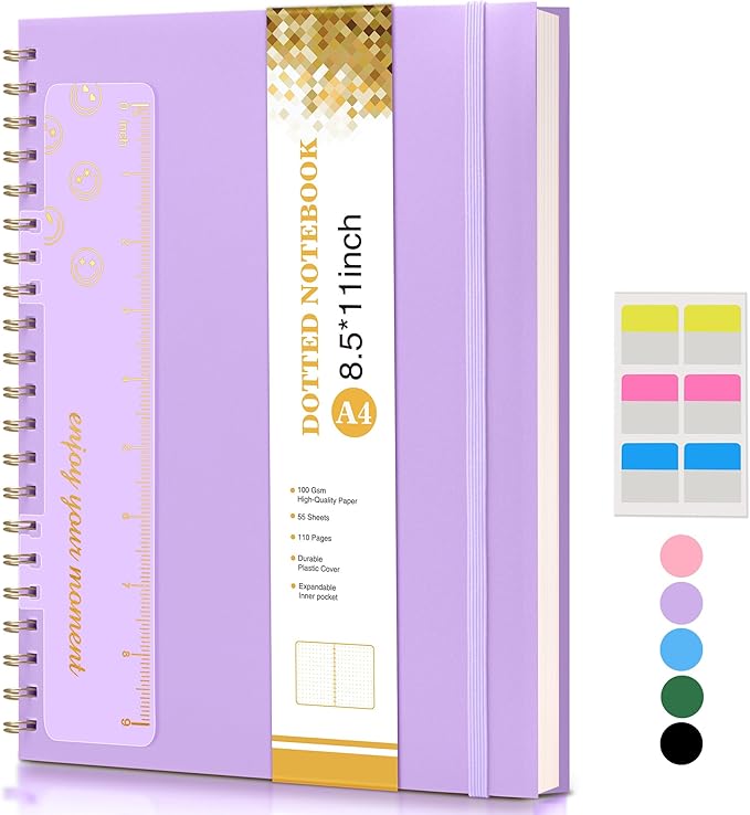 Dotted Notebook, Spiral Notebook Journal 8.5” x 11”, A4 Large Dot Grid Notebooks for Women Men, 100 GSM Dotted Paper, Plastic Hardcover Spiral Bullet Journals for Work School Sketching, Purple