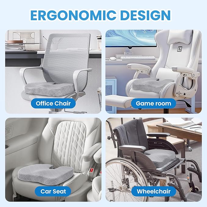 TushGuard Office/Car Seat Cushion, Non-Slip Sciatica & Back Coccyx Tailbone Pain Relief Chair Pad, Memory Foam Butt Pillow for Computer Desk, Wheelchair, Driving (Light Grey, XX-Large)