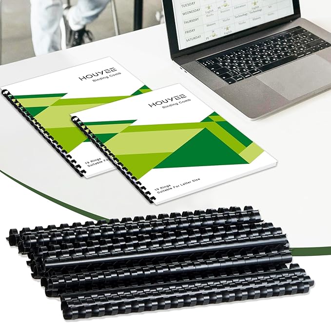HOUYEE 100 Pack 3/8 Inch Plastic Binding Comb 19 Ring, 60 Sheet Capacity, Black Comb Binding Spines for Letter Size Paper