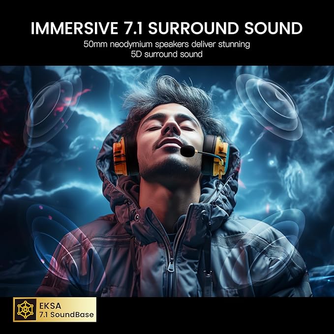 EKSA USB Gaming Headset for PC, Computer Gaming Headphones with Detachable Microphone Noise Cancelling, 7.1 Surround Sound, 50MM Driver, Wired Headset for PS4 PS5, Xbox One, Laptop (Yellow)