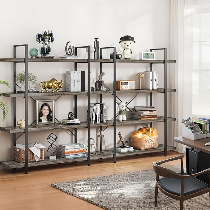 Bookcase, 47 Inch Wide Wood Bookshelf, 120lbs Shelf Capacity, Rustic Open Shelving Industrial Display with Reinforced Horizontal Shelves for Living Room Bedroom Office (4 Tier - Grey)