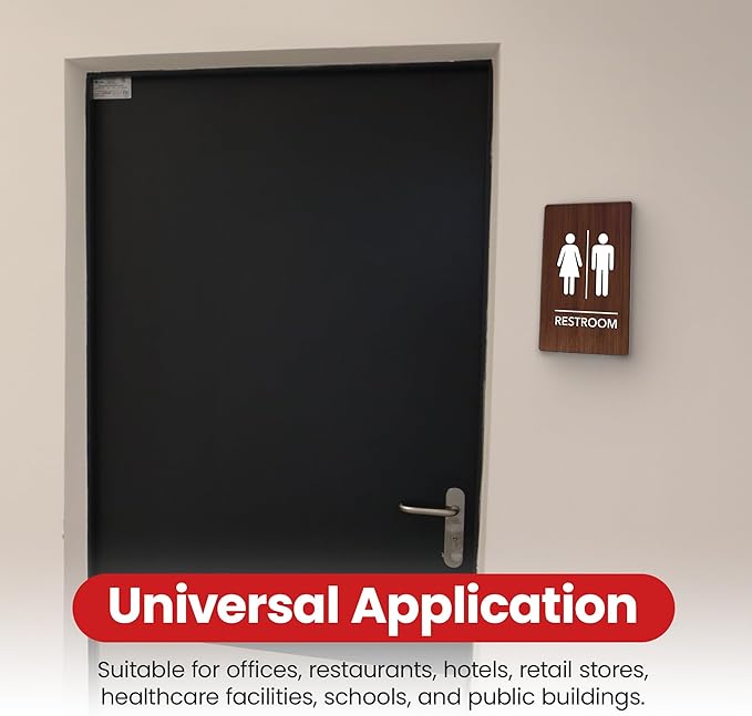Promot Unisex Bathroom Sign – ADA Braille Restroom Sign for Business, Self-Adhesive, 9" x 6", Commercial Door Signage, Office Wall Decor - Walnut