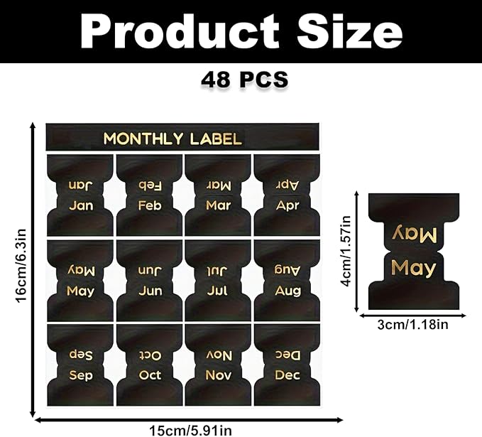 48PCS Adhesive Monthly Tabs for Planner, Black Monthly Index Stickers, Decorative Calendar Label Stickers for Office School Planner Journal Scrapbook Notebook School Accessories