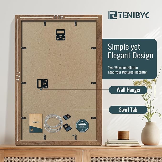 11x17 Picture Frame Set of 4, Walnut Wood Grain, HD Tempered Glass, Brown Wooden Poster Frame, Wall Hanging