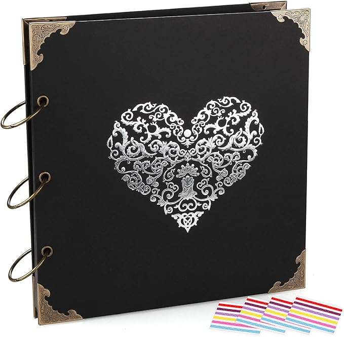 Photo Album DIY Scrapbook, 10x10 inch 50 Pages Double Sided, Vintage Hardcover Three-Ring Binder Picture Booth Albums with 6 Colors 408pcs Self Adhesive Photos Corners for Memory Keep (Black)