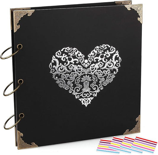 Photo Album DIY Scrapbook, 10x10 inch 50 Pages Double Sided, Vintage Hardcover Three-Ring Binder Picture Booth Albums with 6 Colors 408pcs Self Adhesive Photos Corners for Memory Keep (Black)