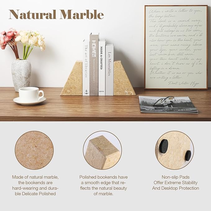 Marble Bookend for Heavy Books, Decorative Bookends for Shelves, Durable and Heavy-Duty Book End for Hardback Book & CDS, Unique Book Stopper & Holder, Pearlly Yellow, Set of 2