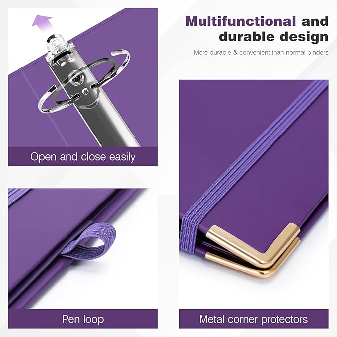 Ospelelf 3 Ring Binder, 2 Inch, Cute Letter Size (11" x 8.5") with 5 Tab Dividers, File Folder Labels and Low Profile Clipboards, Purple Binder for School and Office Supplies