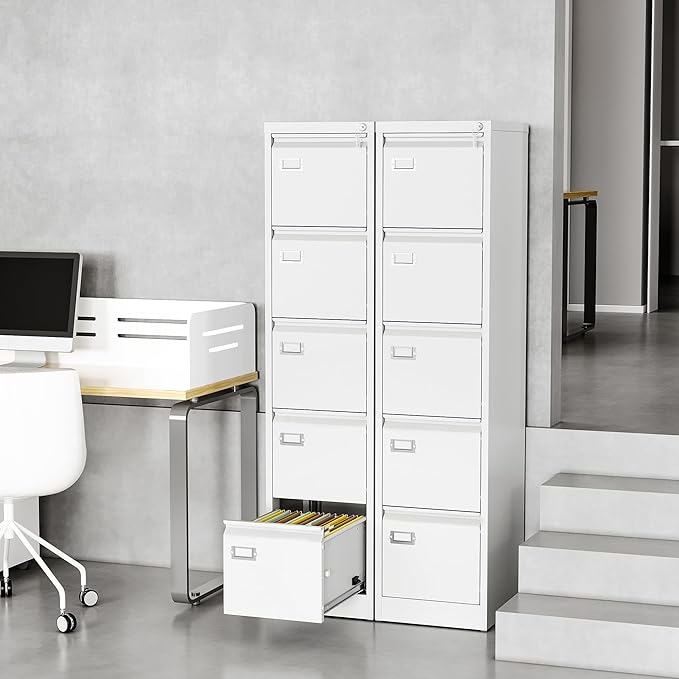 File Cabinets - 5 Drawers Vertical 17.8" Deep Lockable Filing Cabinet - White Metal Storage Cabinets for Home Office to Hanging Files Letter/Legal/F4/A4 Size